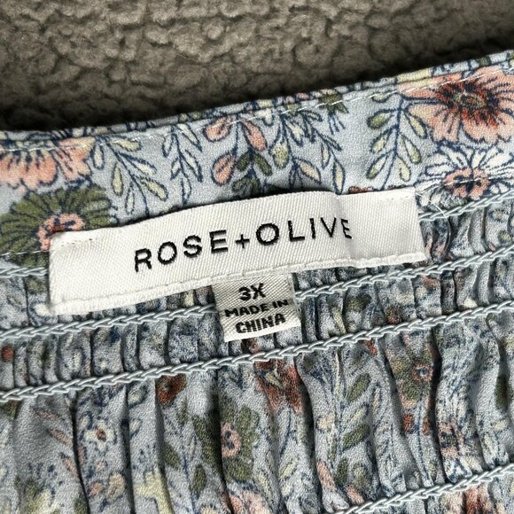 Rose + Olive Blouse Womens 3X Blue Floral Smocked Button Front 3/4 Sleeve Boho - Picture 5 of 13